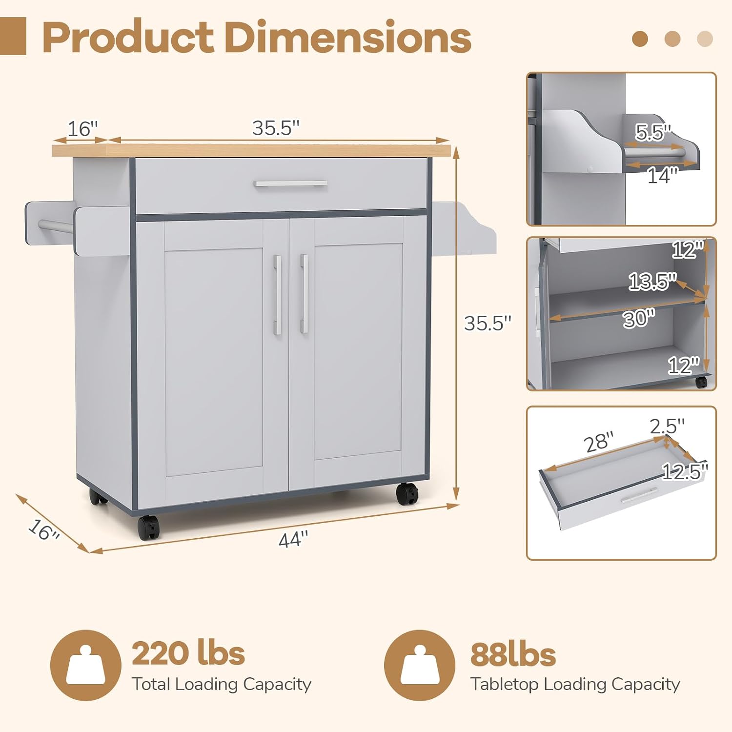 Kitchen Island with Storage, 44' Width Rolling Kitchen Cart on Wheels with Drawer, Adjustable Shelf, Spice Rack and Towel Bar, Wooden Island Table for Dining Room, Living Room (Grey)