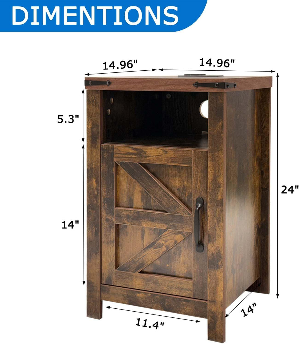 Farmhouse Nightstand Set of 2, Bedside Table with Charging Station, Night Stand with Barn Door, Brown End Table Sofa Side, Nightstand Storage for Bedroom Living Room, Brown