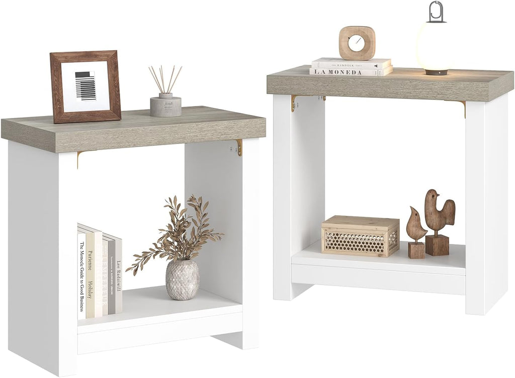 End Tables Set of 2 for Living Room, Narrow Side Tables with Storage Shelves, Square End Table for Bedroom, Slim Nightstand, Skinny Rectangle Accent Table, Farmhouse Bedside Table, White + Gray
