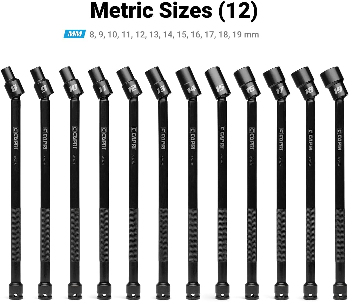 Capri Tools 3/8 in. Drive Pinless Universal Long Extension Impact Socket Set, 6-Point, 8-19 mm, Metric, 12-Piece