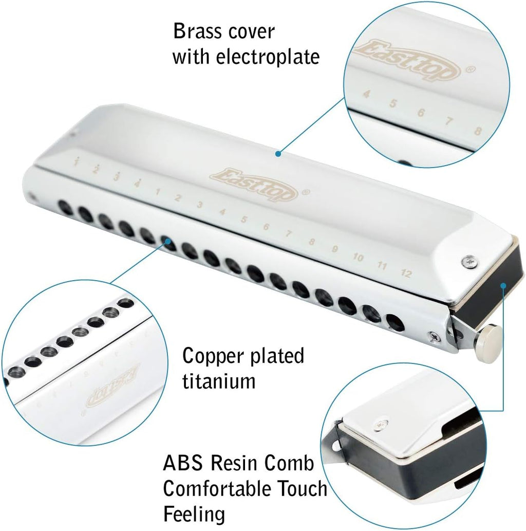 East top 16 Holes 64 Tonse Chromatic Harmonica Key of C, Chromatic Mouth Organ Harmonica for Adults, Professionals and Students (SR)