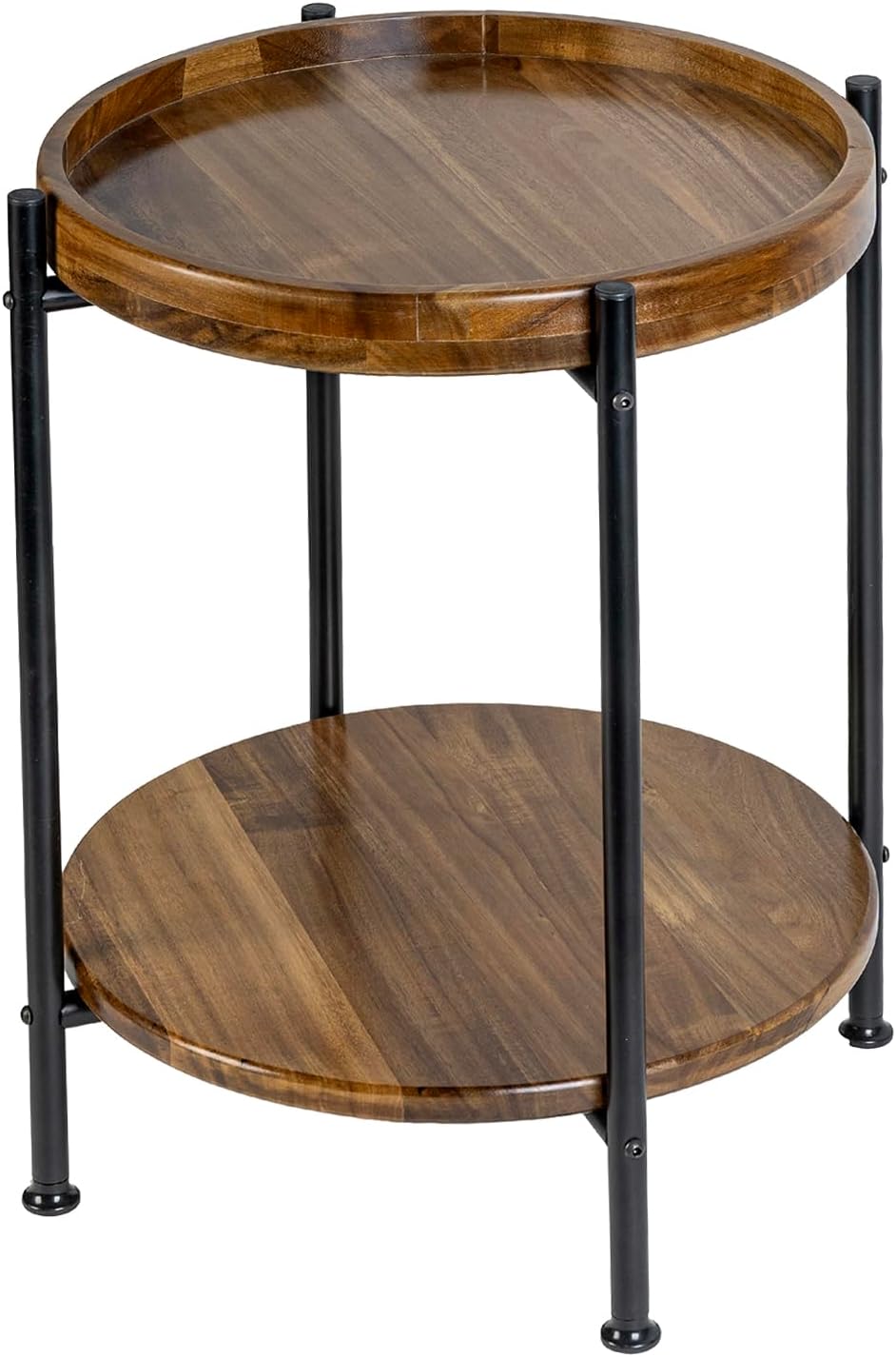 MyGift 2 Tier Round End Table with Premium Acacia Solid Wood Shelf and Black Metal Frame, 22 Inch Tall Side Table Modern Home Living Room or Bedroom Furniture