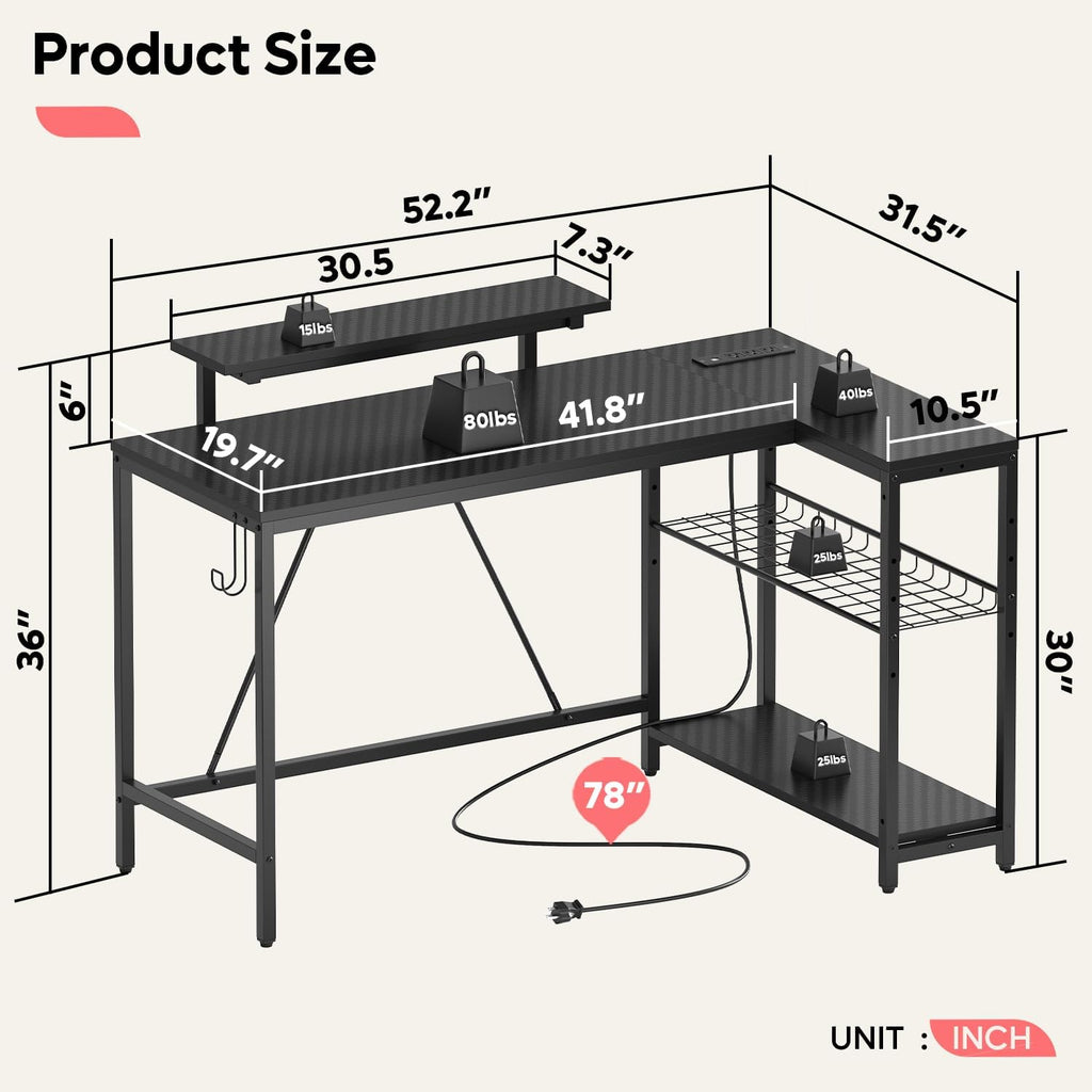 Bestier 52' Gaming Desk with Integrated Power Outlet & USB Ports, L-Shaped Computer Desk with LED Strip & Headphone Hooks, Perfect for Home Office Pink,Carbon Fiber Black