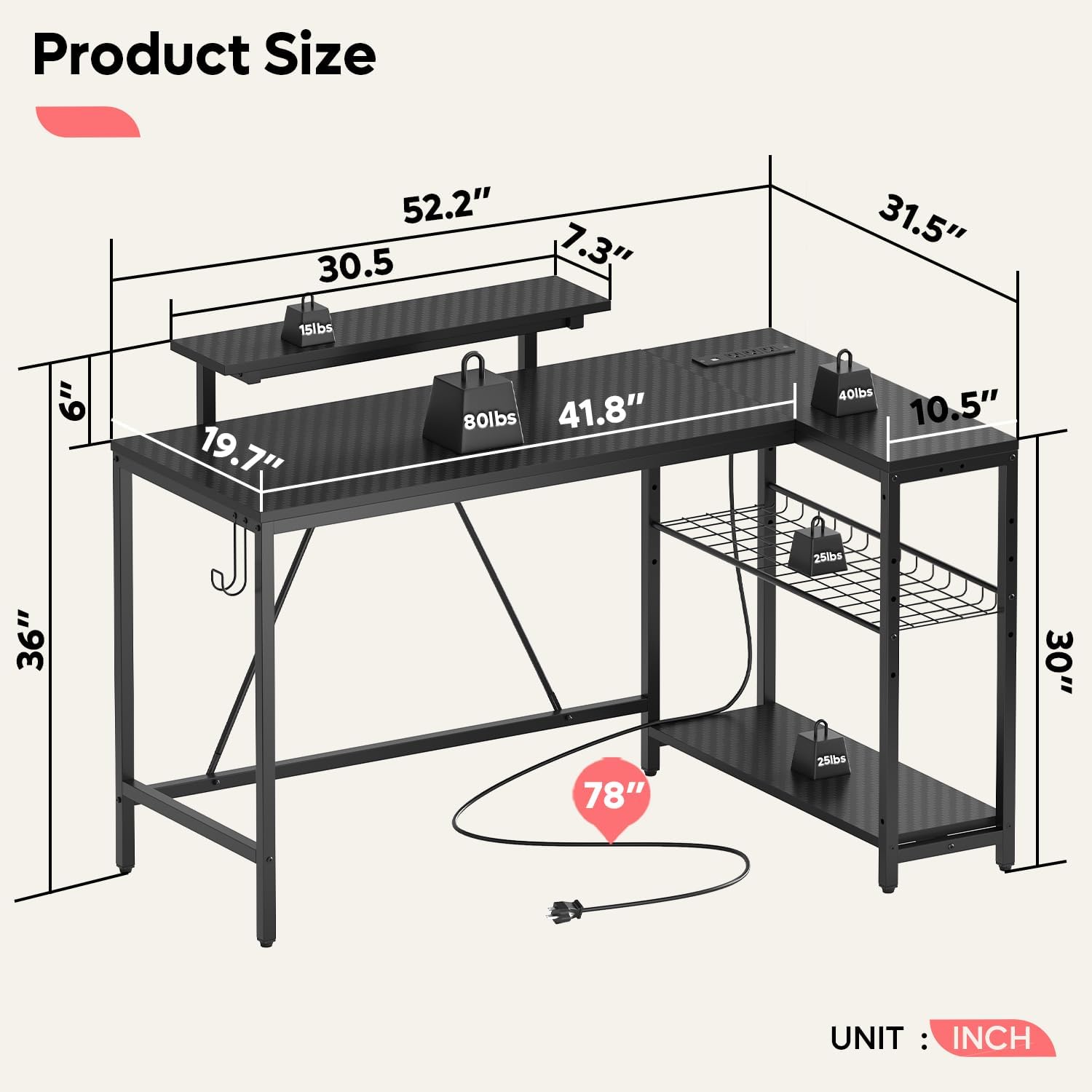 Bestier 52' Gaming Desk with Integrated Power Outlet & USB Ports, L-Shaped Computer Desk with LED Strip & Headphone Hooks, Perfect for Home Office Pink,Carbon Fiber Black