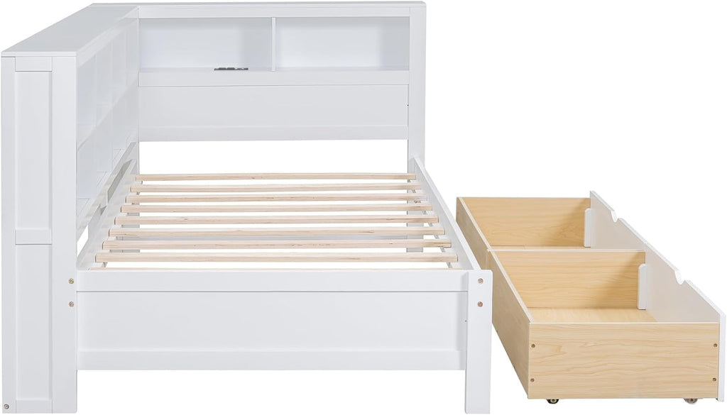 Harper & Bright Designs Twin Size Daybed with 2 Storage Drawers, Wooden Corner Bed Frame with Storage Shelf and USB Charging Ports for Kids Teens, White
