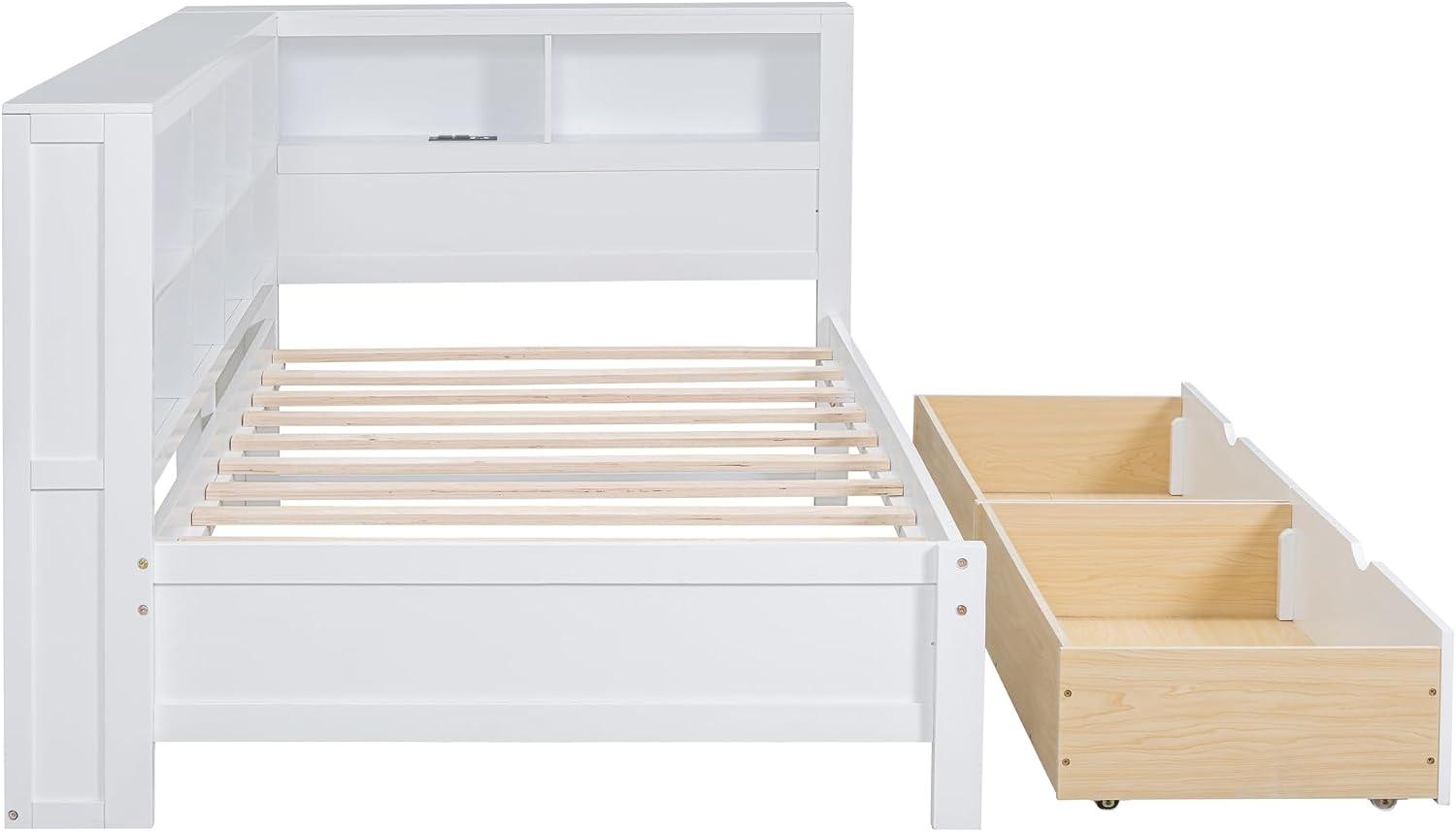 Harper & Bright Designs Twin Size Daybed with 2 Storage Drawers, Wooden Corner Bed Frame with Storage Shelf and USB Charging Ports for Kids Teens, White