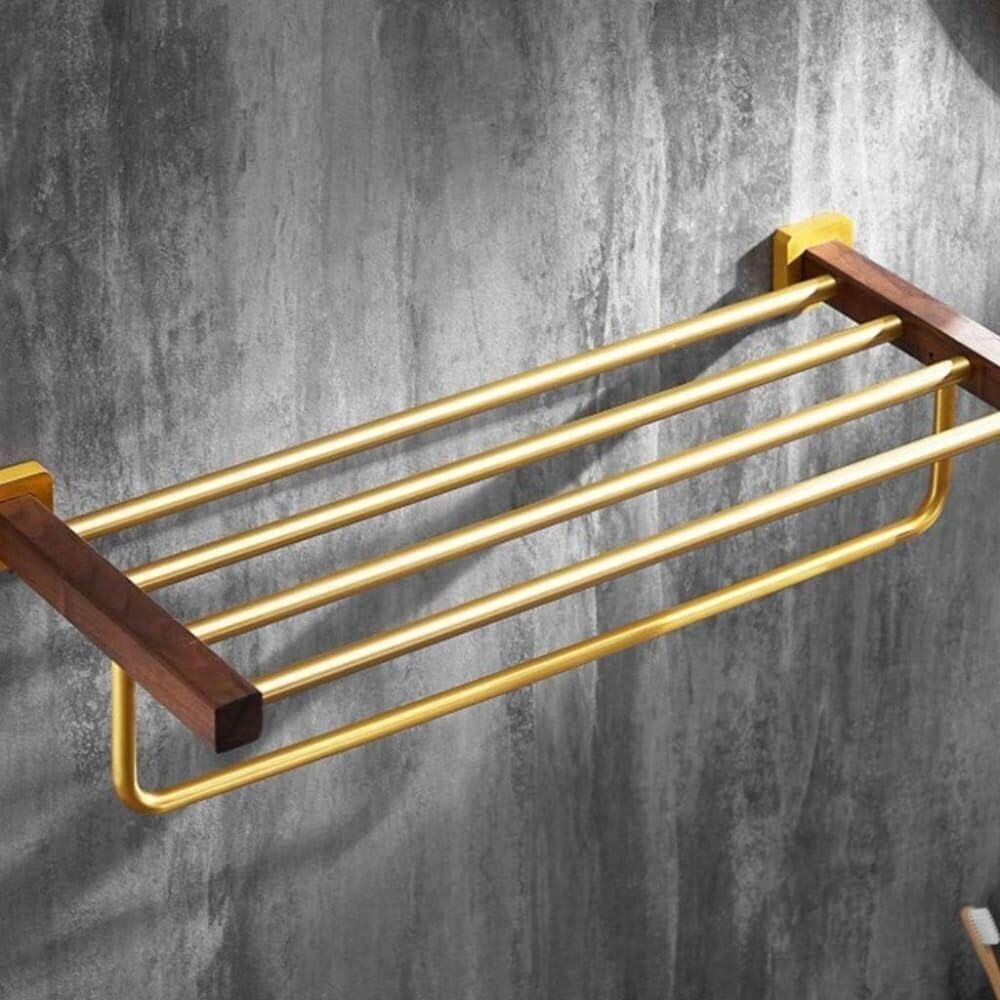 Nordic Style Floating Shelf with Towel Bar, Black Walnut & Gold Wall Decoration, Multi-Purpose Wall Hanging Storage - 60x23cm