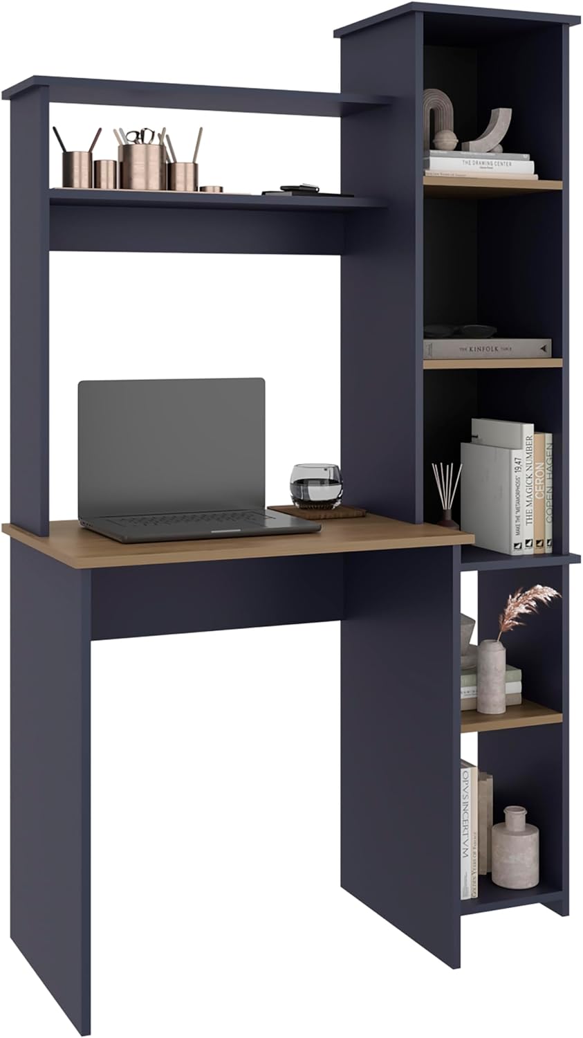 TUHOME Versalles Writing Desk with Large Monitor Shelf,Keyboard Tray and Five Side Open Storage Compartments,Modern Space-Saving Office Desk for Studios,Workspaces or Bedrooms, Functional Organization