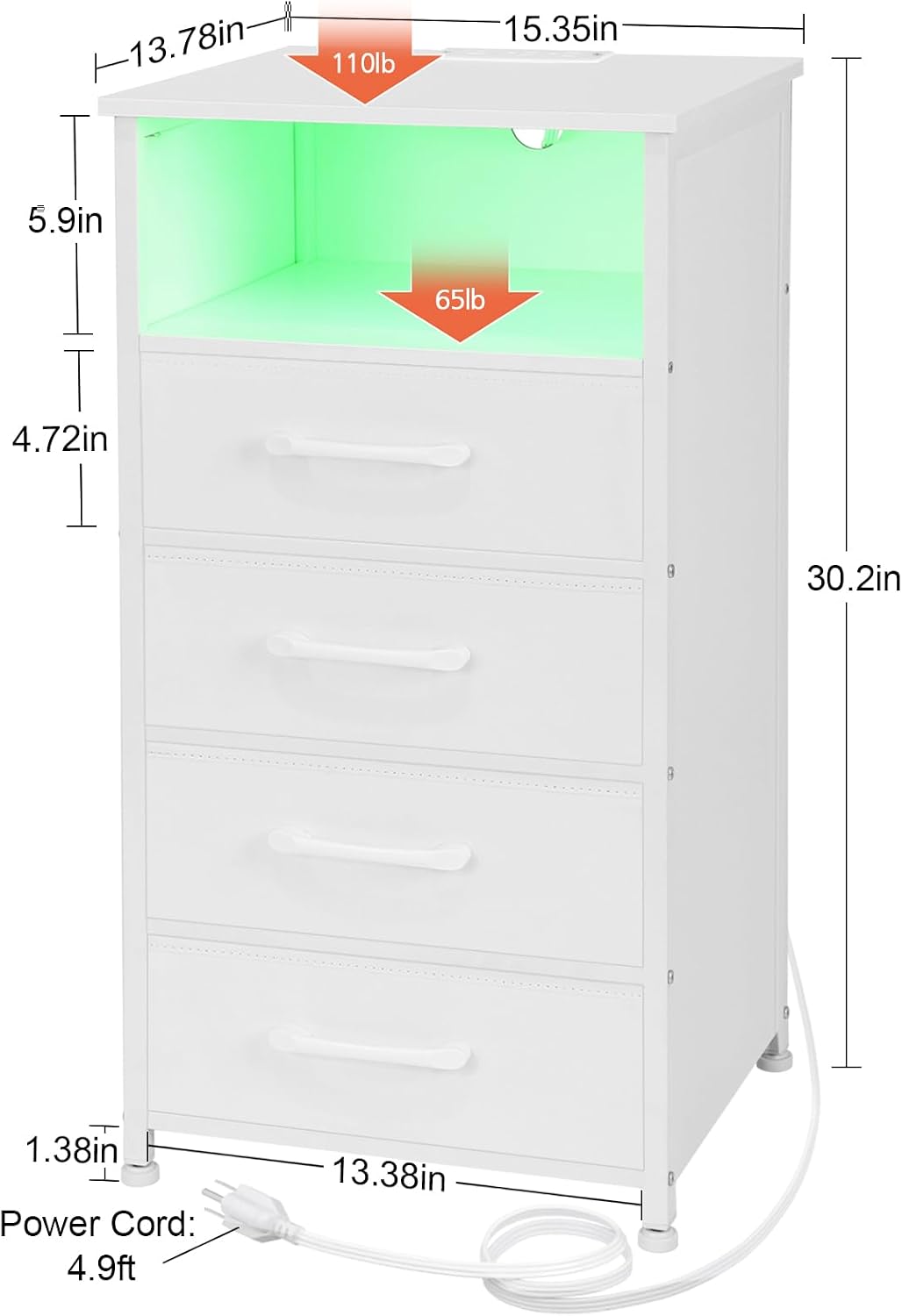 LOAKEKEL Night Stand Set 2, Tall Nightstand with Charging Station for Bedroom with 4 Drawers, LED End Table with USB Ports and Outlets, Bedside Table with Storage Shelf, White, HNS034WT