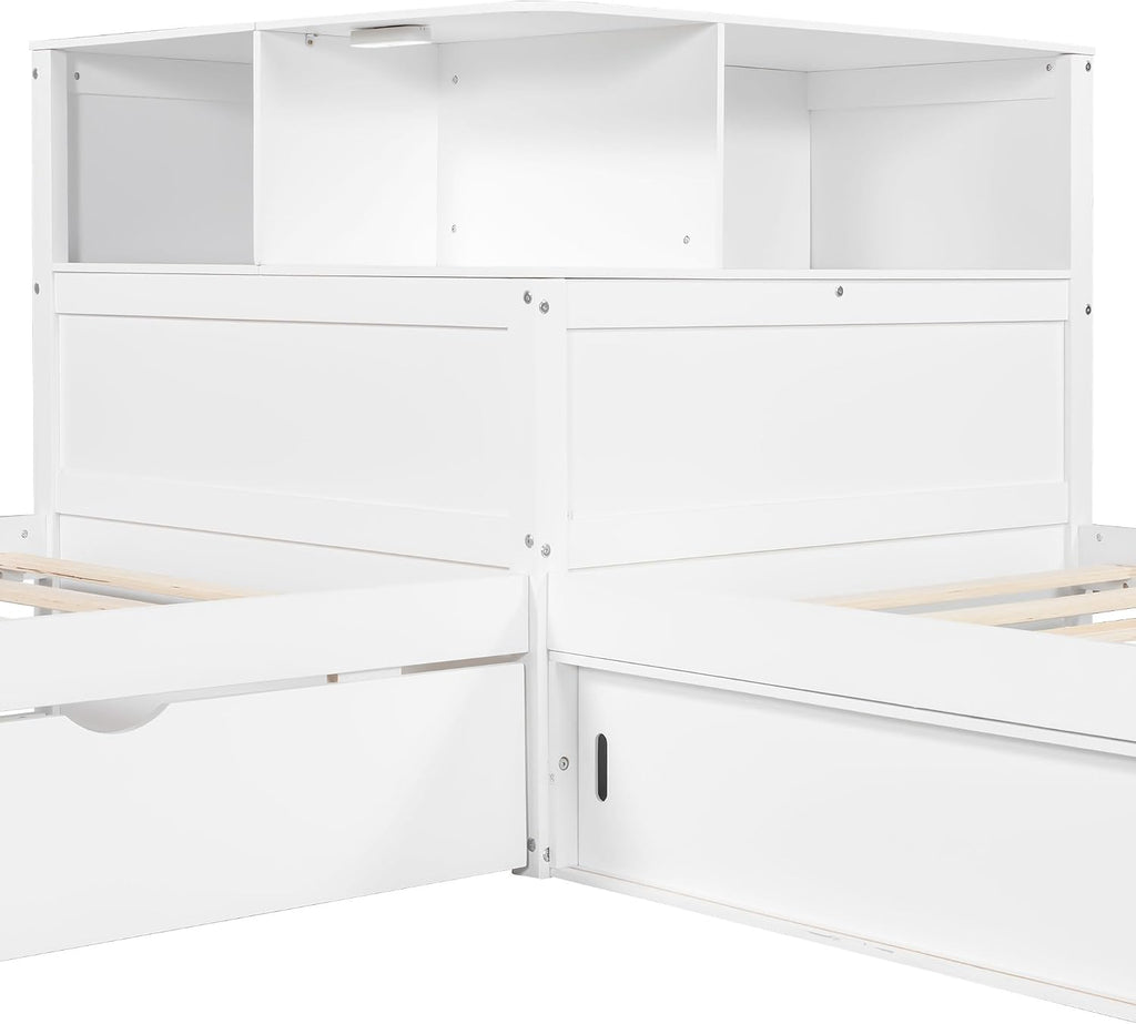 Ball & Cast Twin Size L-Shaped Platform Bed with Storage Cabinets and Multifunctional Desk,Wood Corner Daybed w/Trundle & LED Light,No Box Spring Needed,for Bedroom,Guest Room,Living Room,White