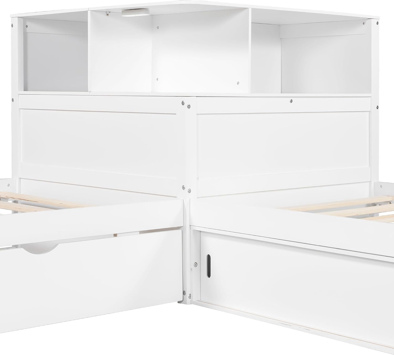 Ball & Cast Twin Size L-Shaped Platform Bed with Storage Cabinets and Multifunctional Desk,Wood Corner Daybed w/Trundle & LED Light,No Box Spring Needed,for Bedroom,Guest Room,Living Room,White