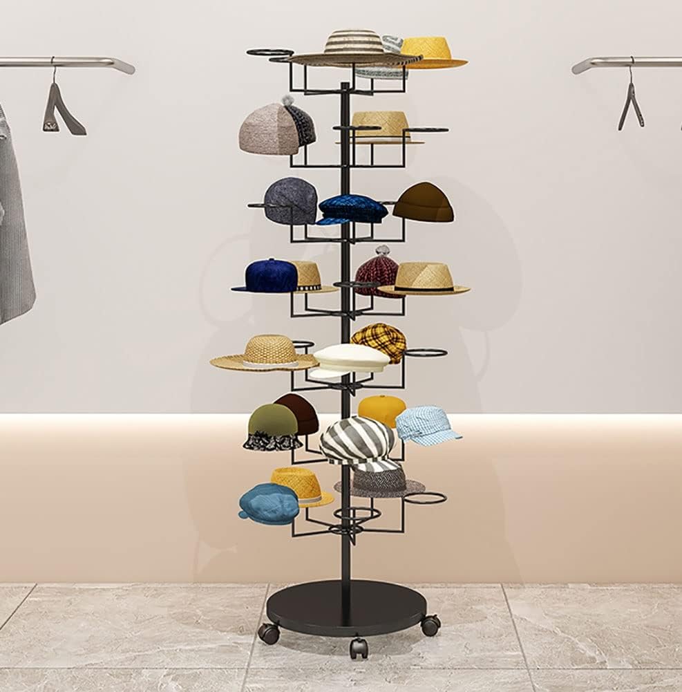 Hat Display Stand Rolling Hat Organizer Holder for Baseball Caps, Standing Hat Display Rack with Wheels, for Home Store Storage, Black