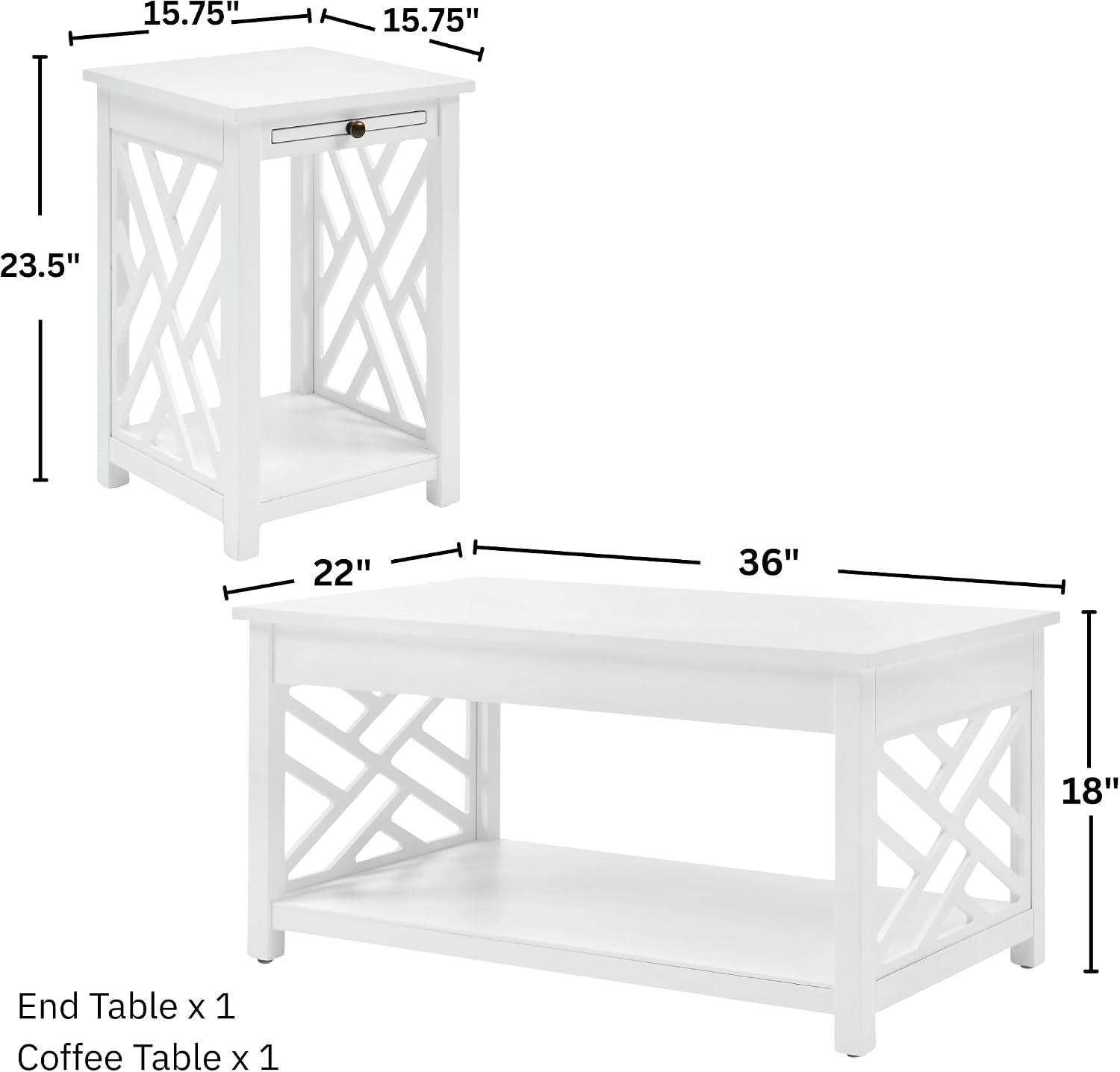 Coventry 2-Piece Living Room Table Set – Cottage Style Coffee Table and End Table with Lower Shelves and Pull-Out Tray – for Apartment, Loft, or Teen Room by Alaterre Furniture (White)