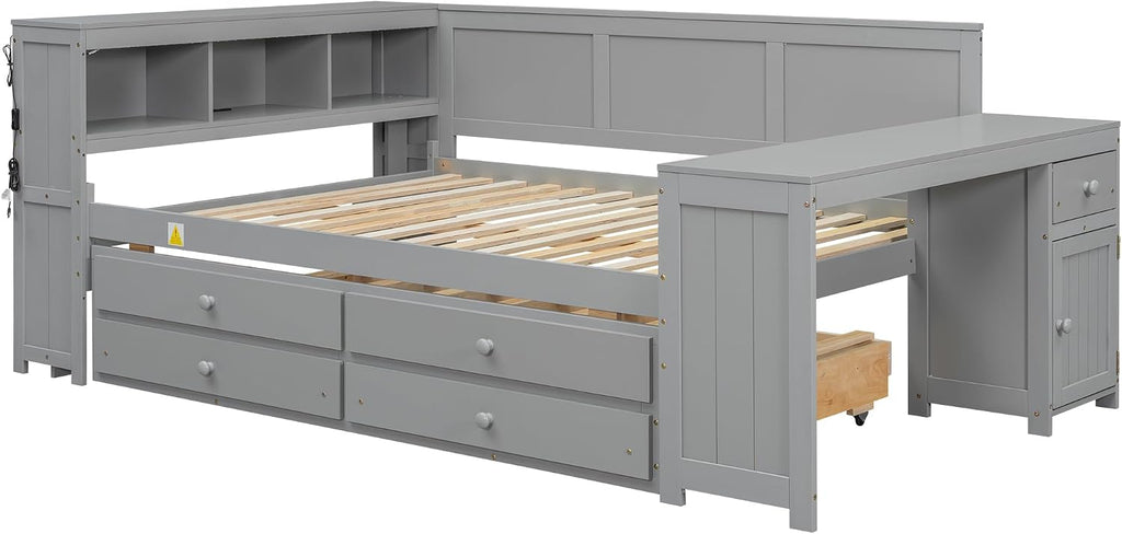 Merax Corner Full Bed Frame with Desk and Led Lights,Wood Platform Bed Frame with Trundle and 2 Drawers,Full Size Daybed with Storage and Charging Station for Living Room,Bedroom,Guest Room,Grey