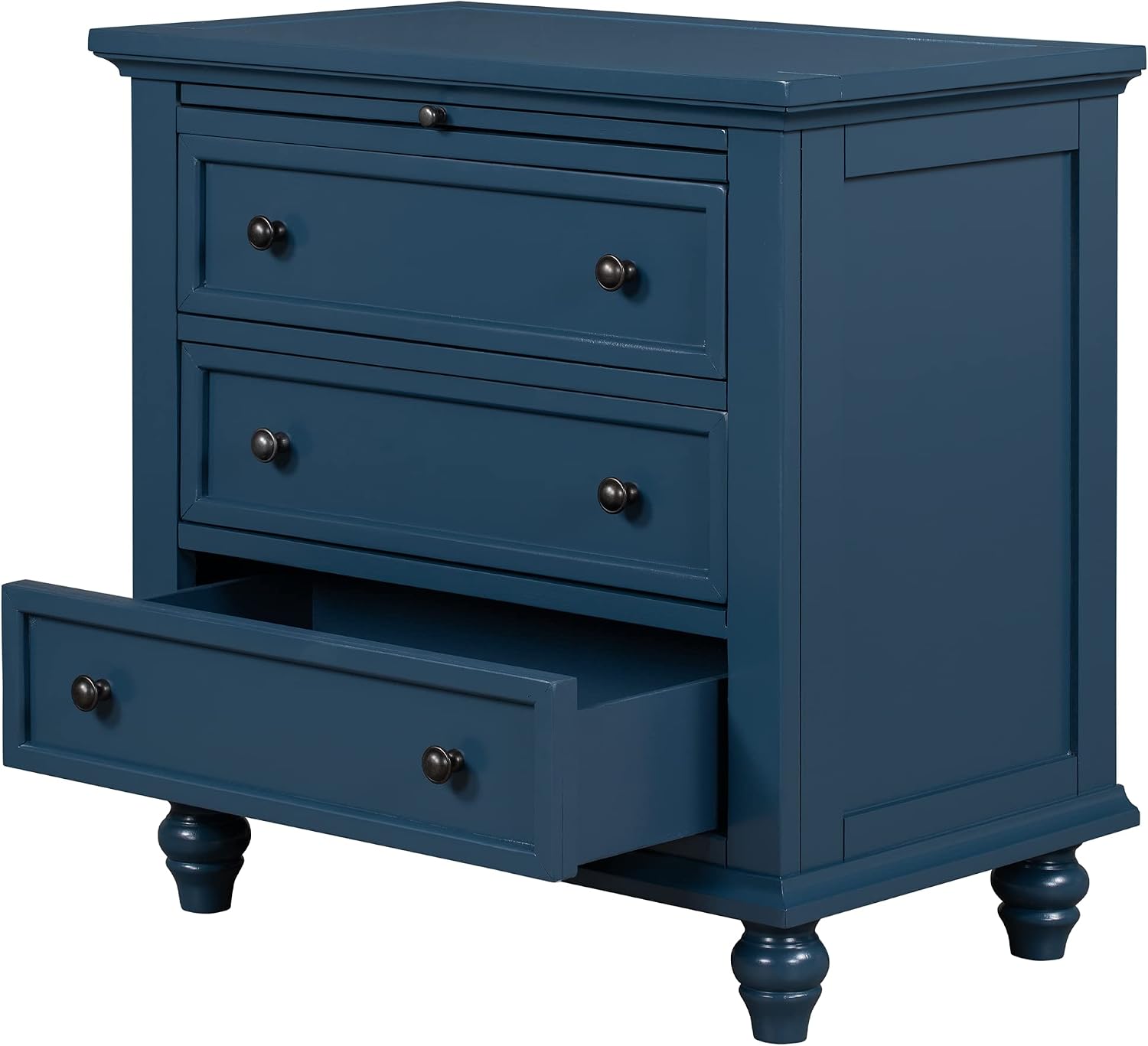 Farmhouse Wood Nightstand with 3 Storage Drawers, Bedside Table End Table with Pull Out Tray, Modern Wooden Side Table Dresser for Bedroom Hallway Living Room (Blue)