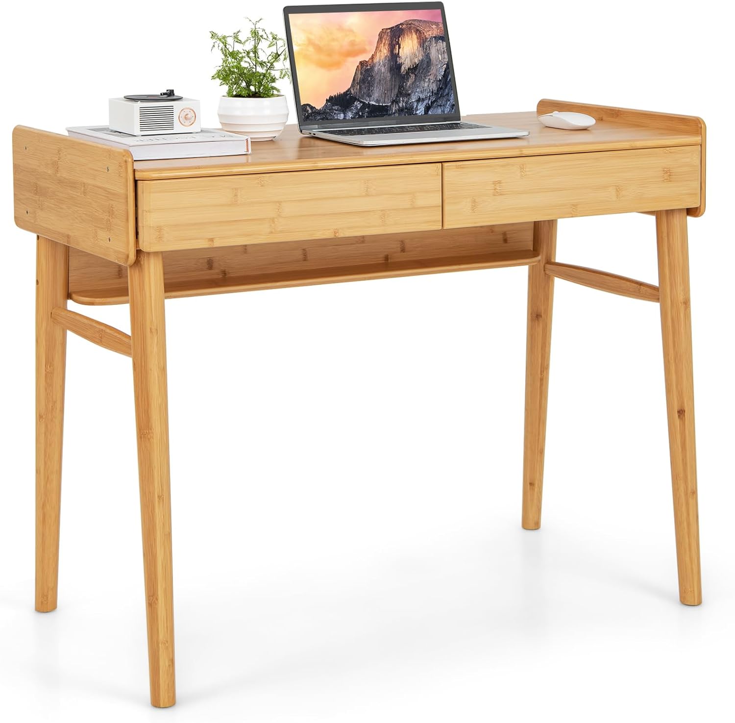 Tangkula Bamboo Mid Century Desk with 2 Storage Drawers, Home Office Study Writing Desk with Shelf & Cable Management Groove, Home Office Desk for Working & Learning (Natural)