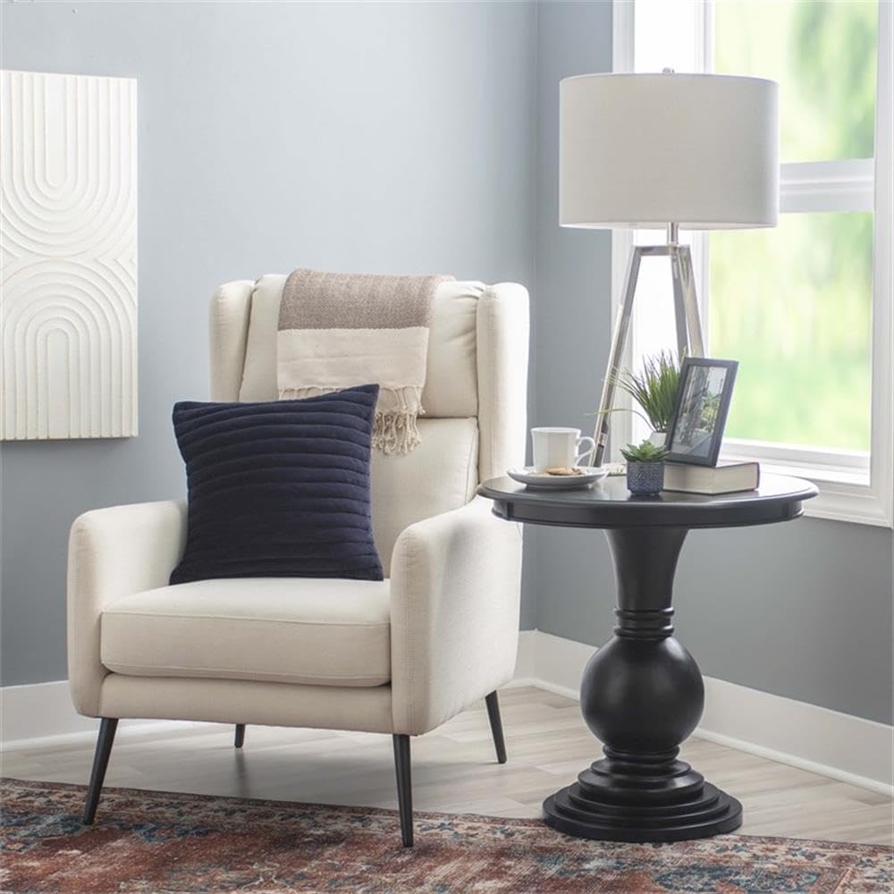 MAKLAINE Round Wood Accent Table, 26.5' High, Jet Black Finish, Stepped Base and Turned Pedestal, Compact Design for Living Room, Bathroom, or Entertaining Use, Supports Up to 50 lbs