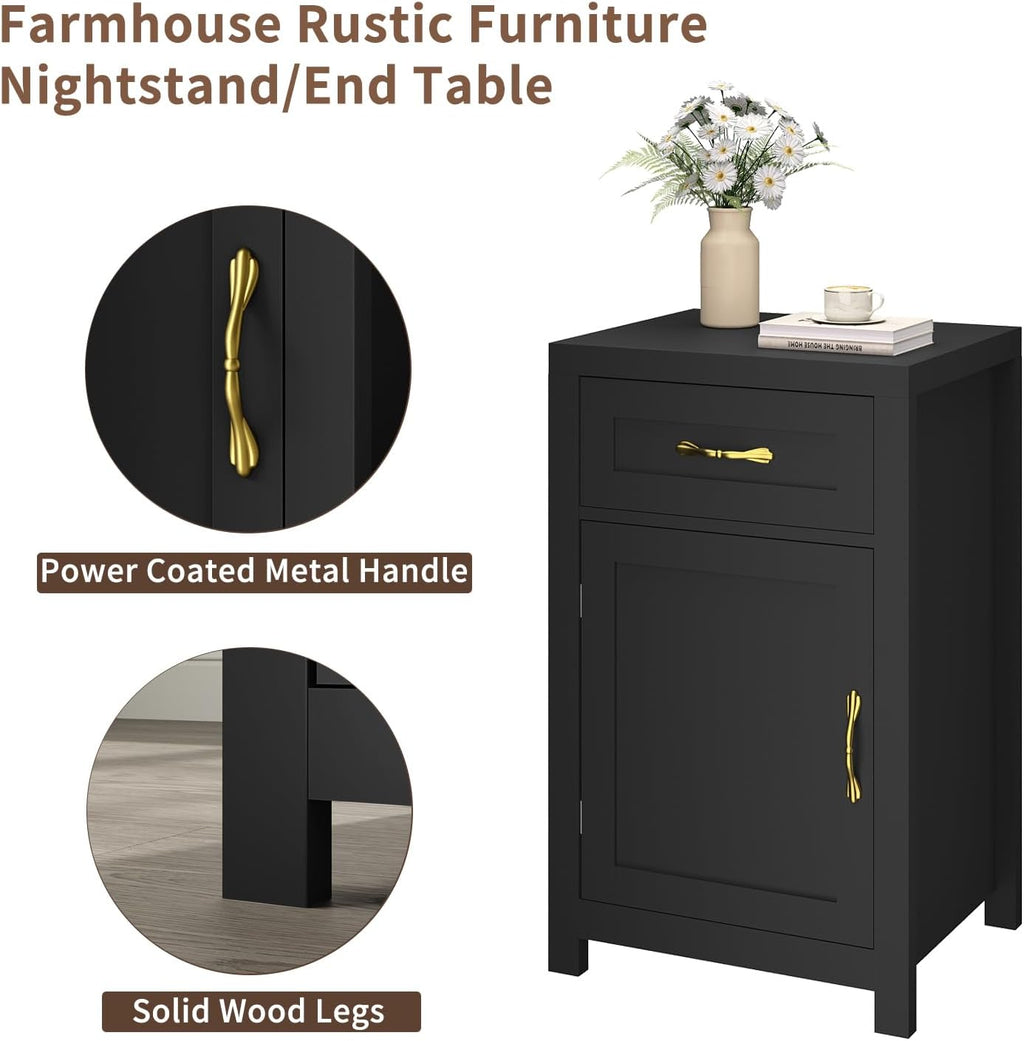 Black Nightstand Set of 2 with Drawer, Farmhouse End Table with Storage Cabinet and Adjustable Shelf, 30' Tall Bedside Table Rustic Wood Sofa Side Table for Living Room, Bedroom