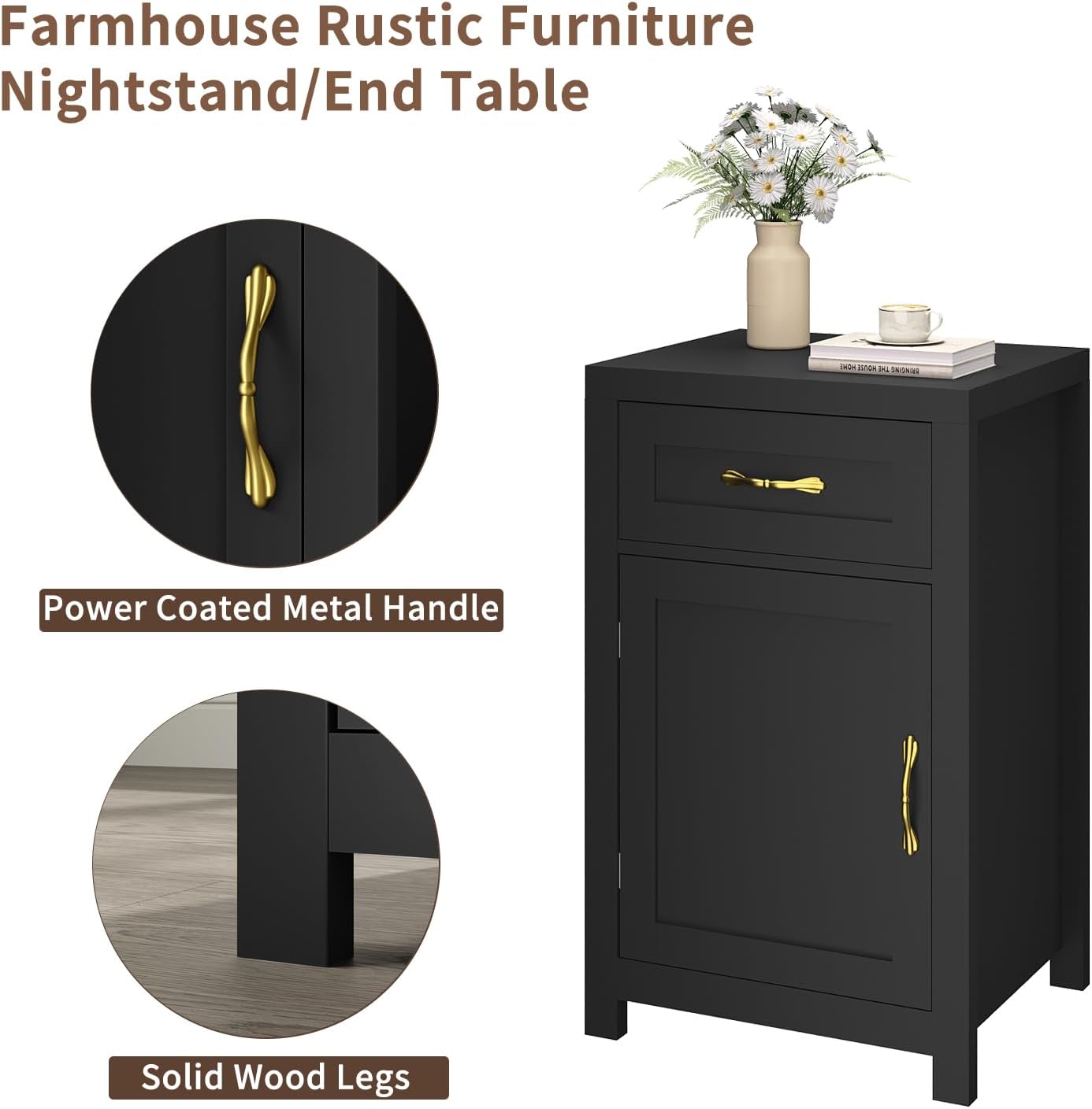 Black Nightstand Set of 2 with Drawer, Farmhouse End Table with Storage Cabinet and Adjustable Shelf, 30' Tall Bedside Table Rustic Wood Sofa Side Table for Living Room, Bedroom