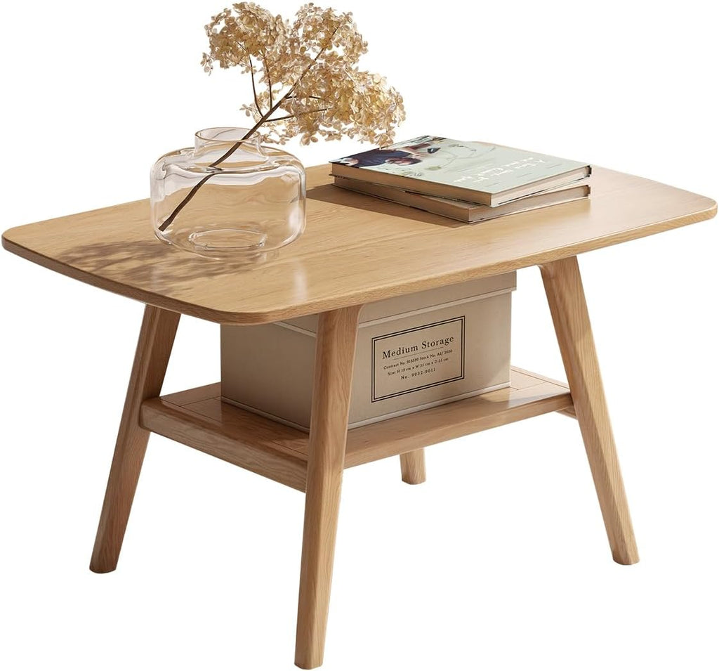 100% Solid Oak Wood Coffee Table for Living Room, Small Table with Shelf Storage, Mid Century Modern Coffee Tables with Rounded Corners for Home (Natural, 31.49' x 19.68' x 17.32')