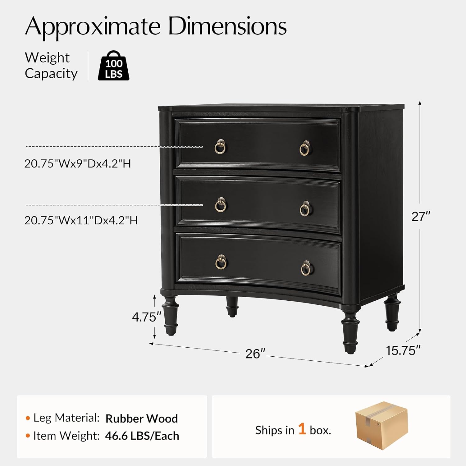 HULALA HOME 3 Drawer End Table with Charging Station, 26' Wide Endtable with Solid Wood Legs and Curved Profile, Classic Side Table for Living Room, Black