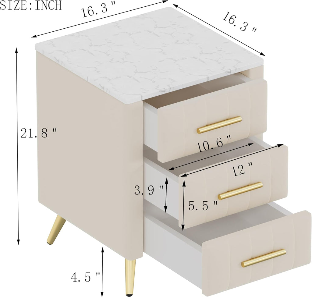 Merax Nightstand with 3 Storage Drawers, Upholstered Wood Bedside End Table with Marbling Top, Beige