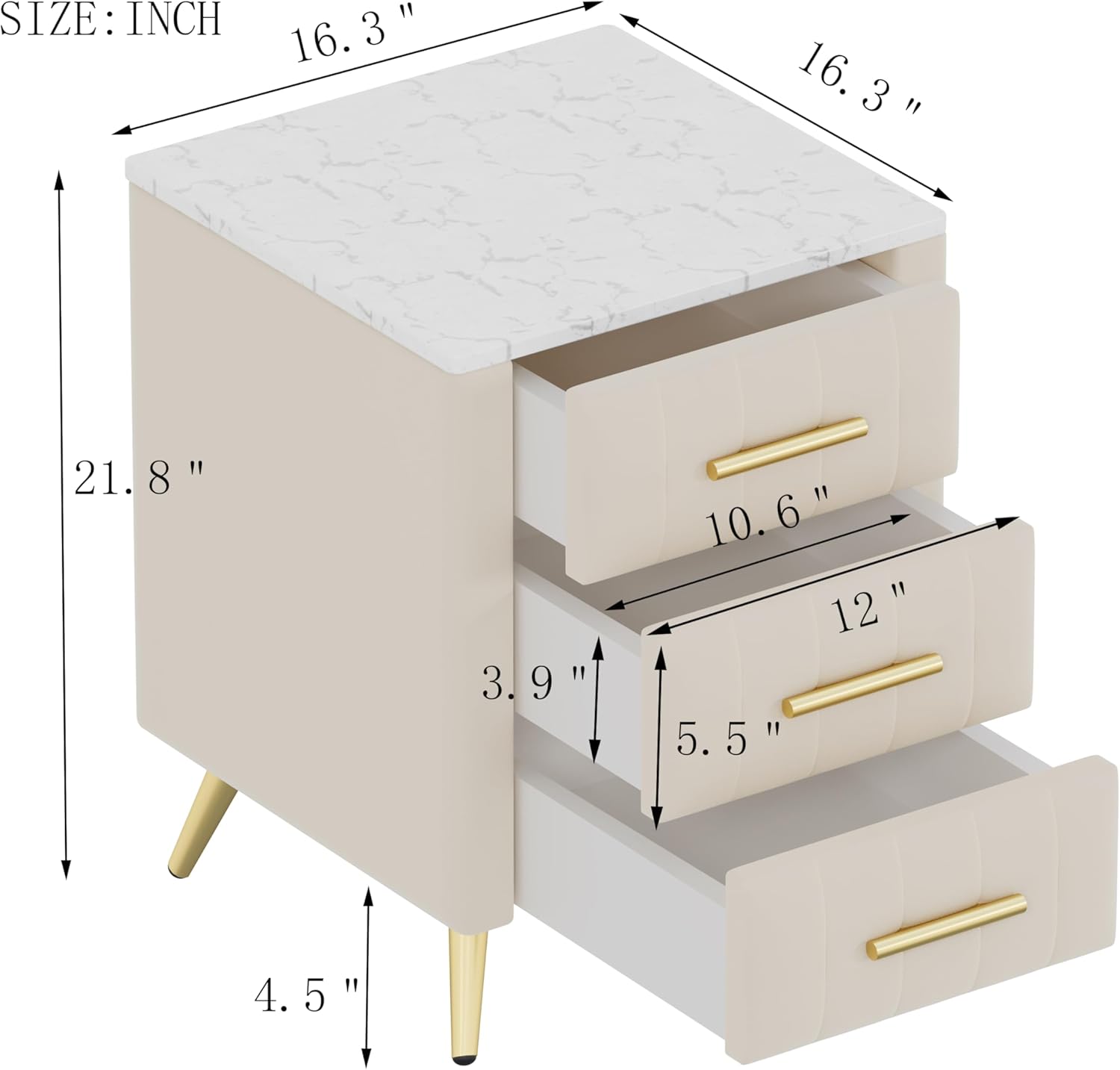 Merax Nightstand with 3 Storage Drawers, Upholstered Wood Bedside End Table with Marbling Top, Beige