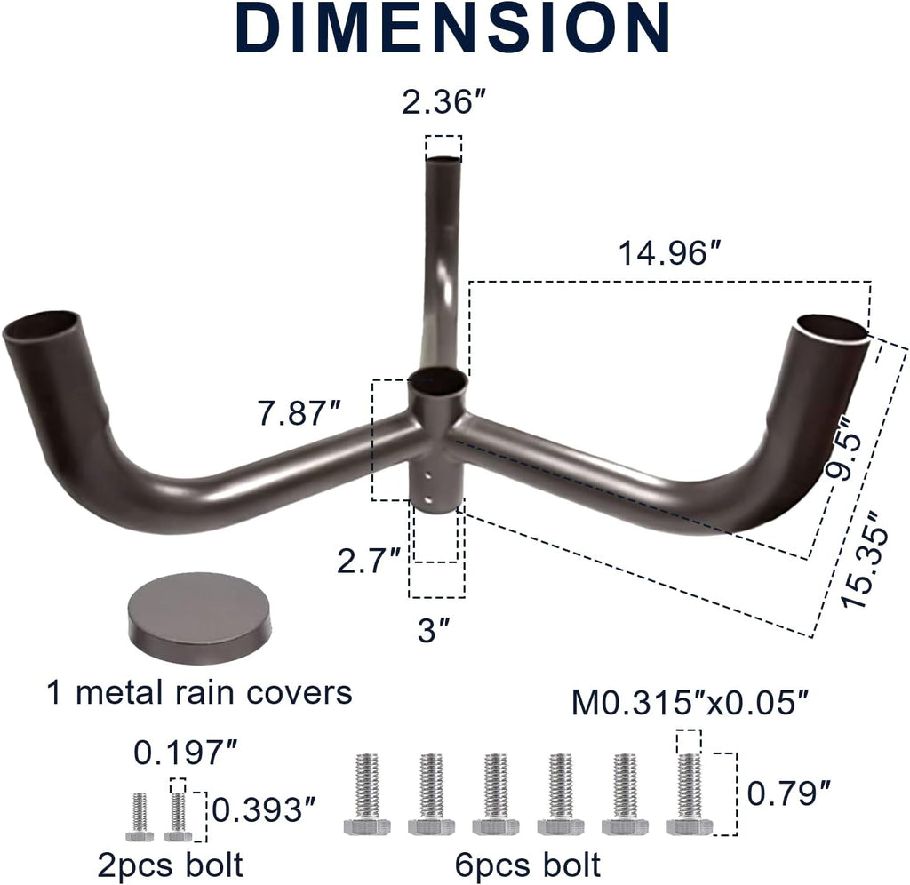 120° Triple Bullhorn Bracket with 3 Arms – 2-3/8' Tenon Adapter for Slip Fitter LED Shoebox, Parking Lot, Area & Street Lights, Heavy-Duty Galvanized Steel Pole Mount with Weatherproof Bronze Finish