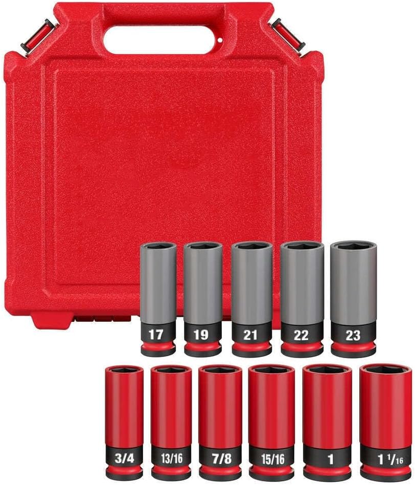 Socket Set For Milwaukee 49-66-7833 1/2'' SAE/Metric Lug Nut Wheel Socket Set (Size:11.6 x 3.0 x 11.0 in) - 11 PC, Red