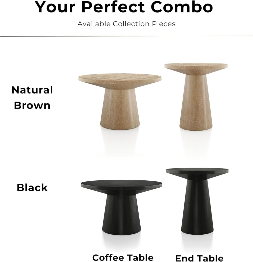 Furniture of America Crambel Modern Solid Wood 2-Piece Brown 29-inch Round End Table Set with Cone-Shaped Pedestal Base for Small Space, Living Room, Home Office, Oak