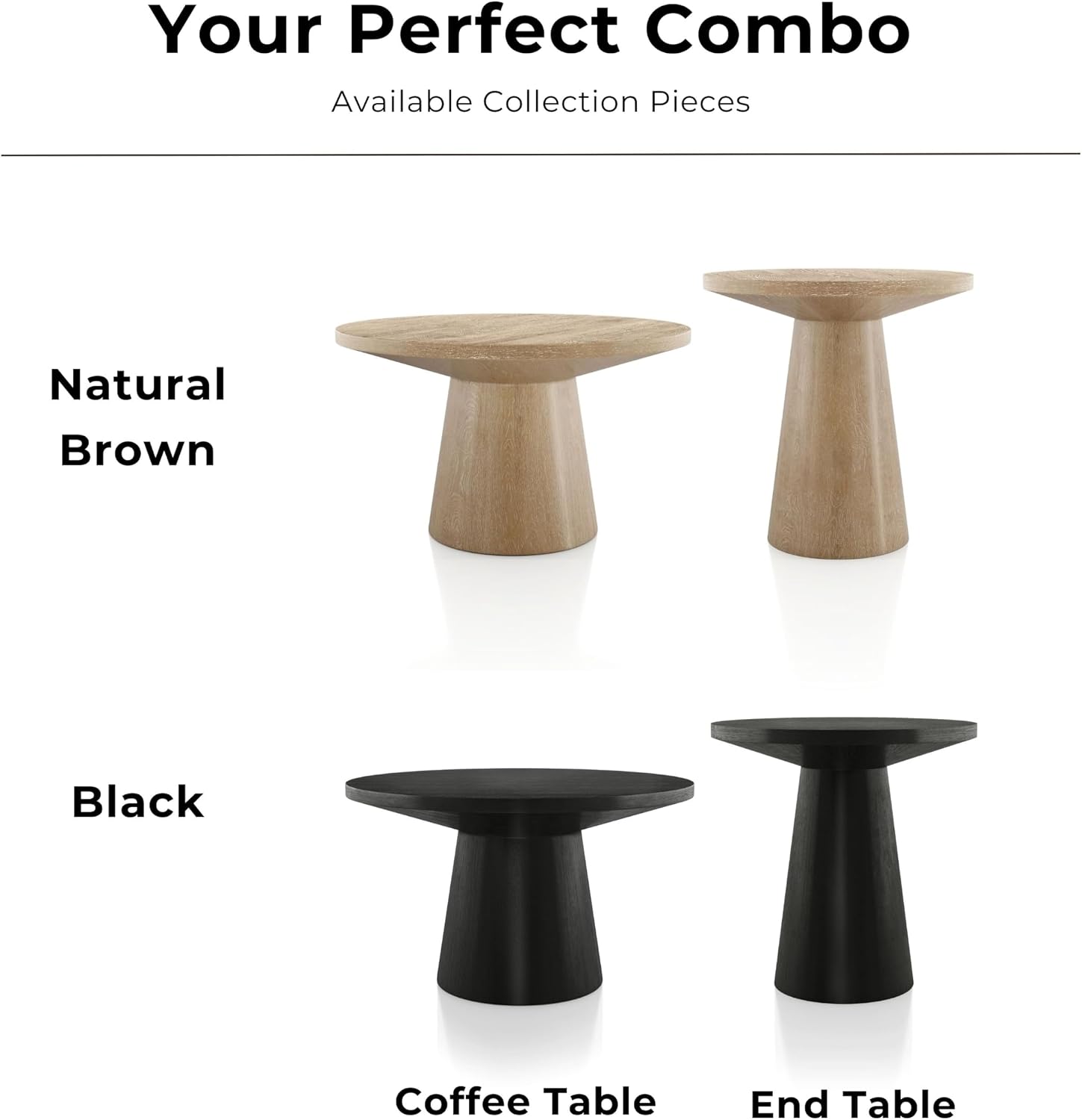 Furniture of America Crambel Modern Solid Wood 2-Piece Brown 29-inch Round End Table Set with Cone-Shaped Pedestal Base for Small Space, Living Room, Home Office, Oak