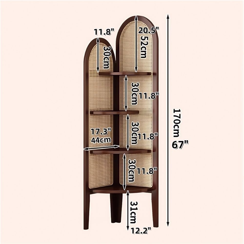 4 Tier Corner Shelf, Rattan Display Shelves with Solid Wood Frame, Bookshelf Stand for Living Room, Bedroom, or Office(Brown)