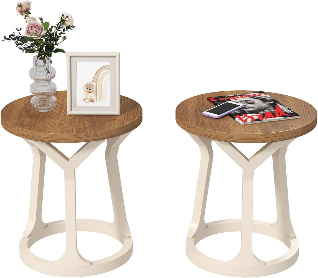 2PCS Round End Table Living Room, Set of 2 Rustic Side Table, 22' H Nightstand with Thick Top, Accent Tables for Bedroom Living Room Entryway, Natural & White
