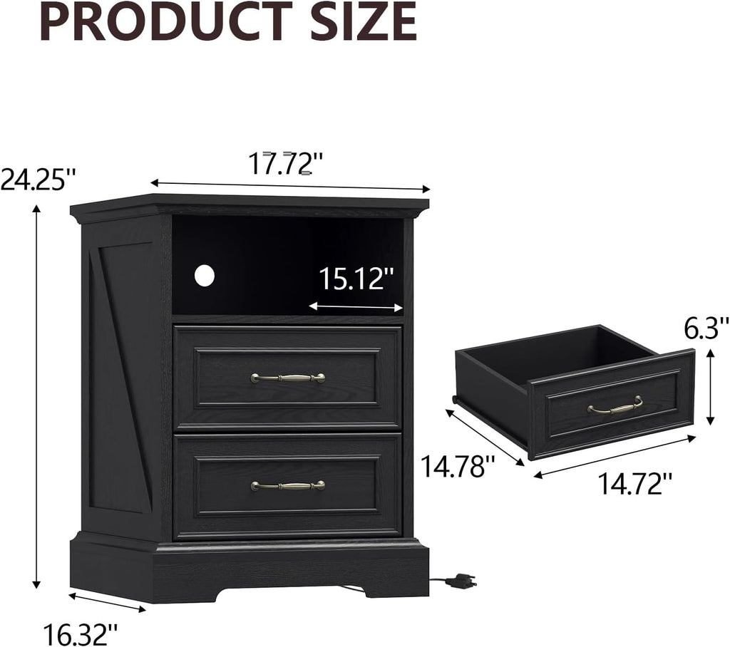 Nightstand with Charging Station,18' Wide End Table with 2 Large Drawers & Metal Handles,Rustic Farmhouse Wood Small Dresser,Bedside Table,Modern Chest of Drawers for Bedroom,Living Room,Black