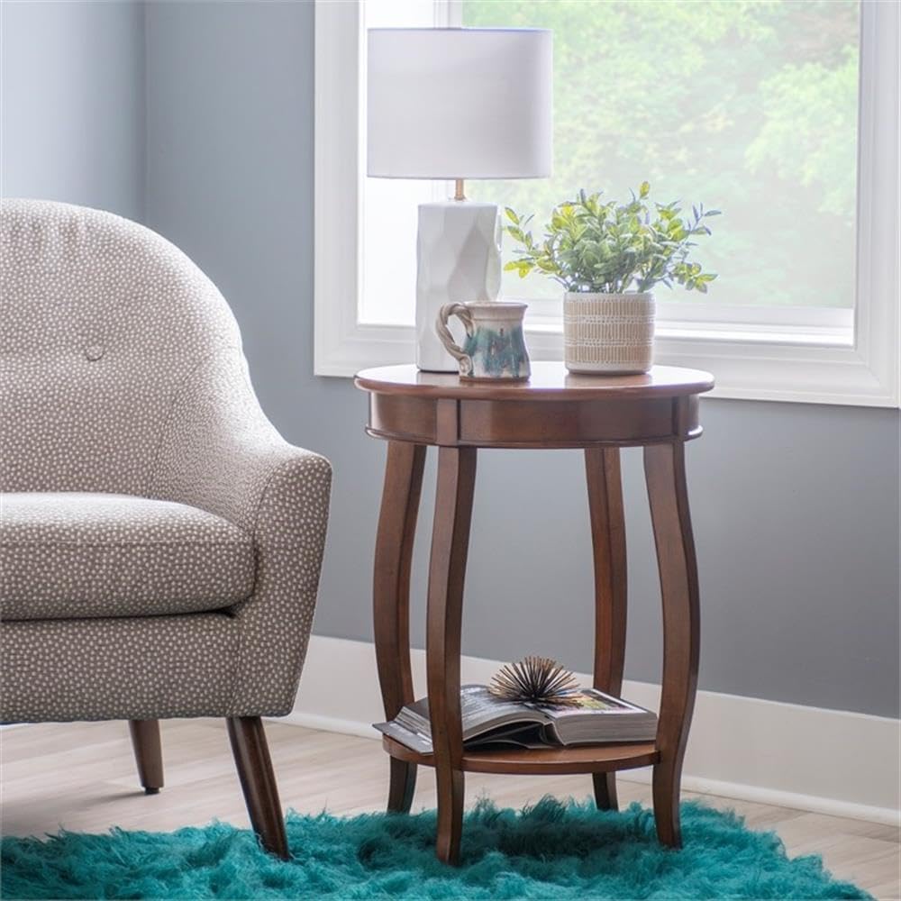 Pemberly Row Round Wood End Table with Shelf, 18.5 in x 18.5 in x 24 in, MDF and Solid Wood, Hazelnut Brown Finish, Contemporary Style, Living Room Accent Table with Storage