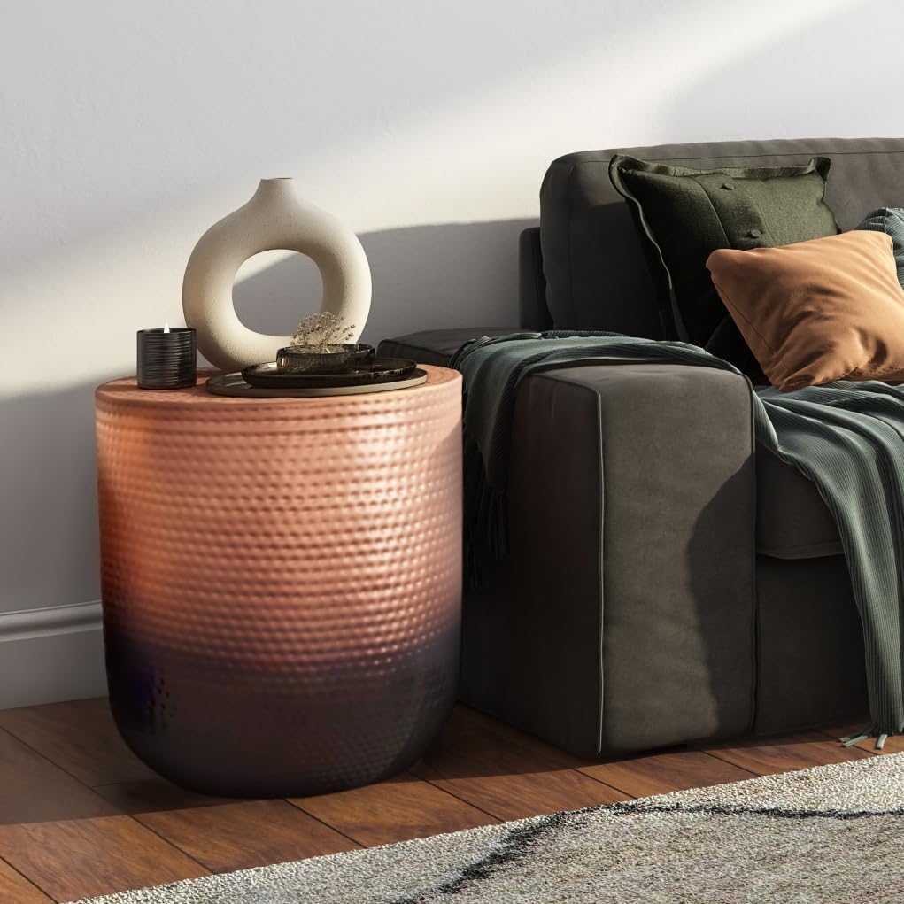 SIMPLIHOME Nova Metal Table - 19 inch Wide Round Iron Accent Table in Copper Ombre, Boho Drum Side Table for Living Room, Bedroom, or Office with Distinctive Textured Finish, Assembled