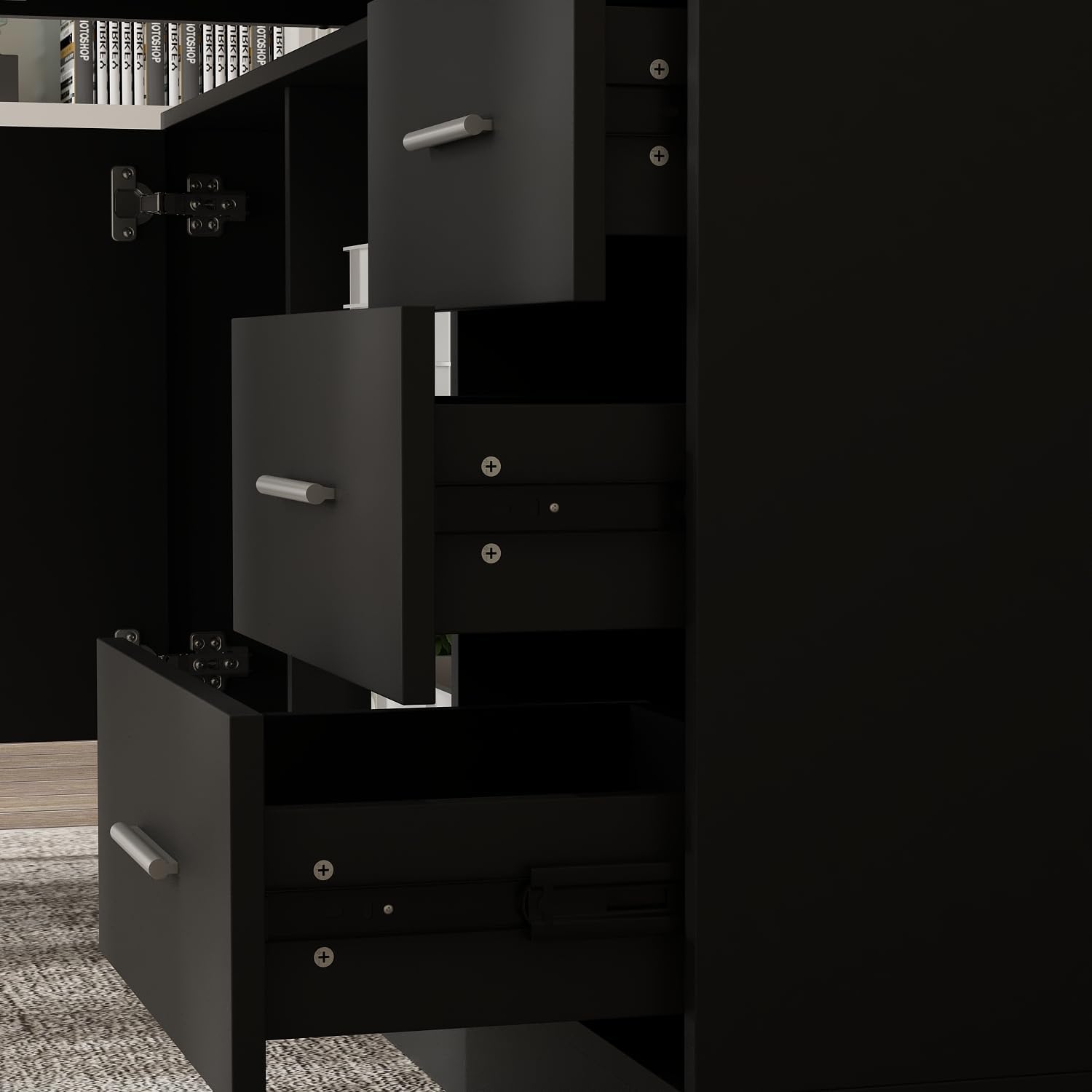 AGOTENI 63' W L-Shaped Electric Standing Desk with Cabinet, Height Adjustable & Reversible Corner Computer Desk with Drawers & Storage Shelves for Home Office, Black