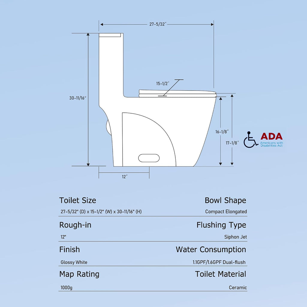 Abruzzo One Piece Toilet For Bathroom, Elongated Dual Flush Toilet with Soft Closing Seat, 0.8/1.28 GPF High-Efficiency, Modern American Standard Modern Toilet for Bathroom, 12' Rough-In, Gloss White