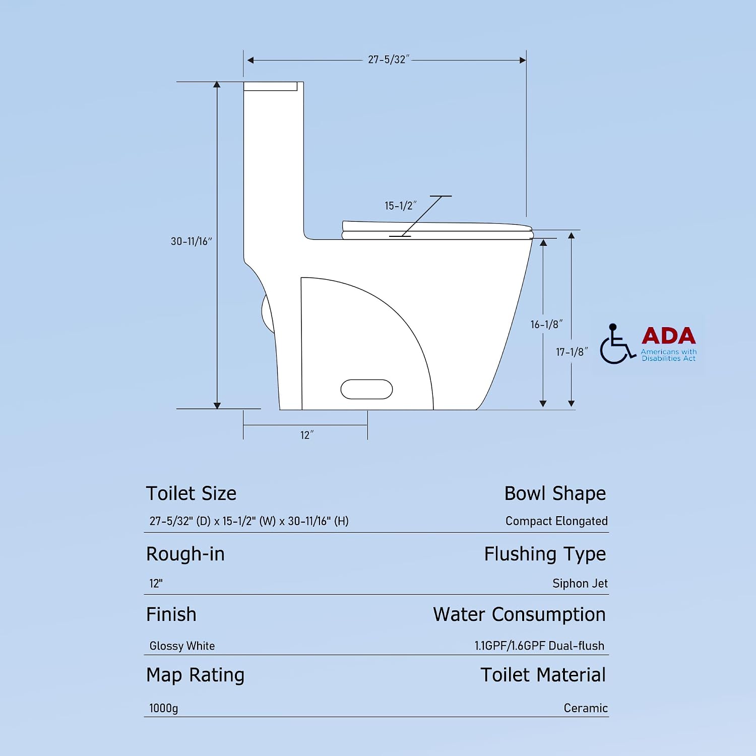Abruzzo One Piece Toilet For Bathroom, Elongated Dual Flush Toilet with Soft Closing Seat, 0.8/1.28 GPF High-Efficiency, Modern American Standard Modern Toilet for Bathroom, 12' Rough-In, Gloss White
