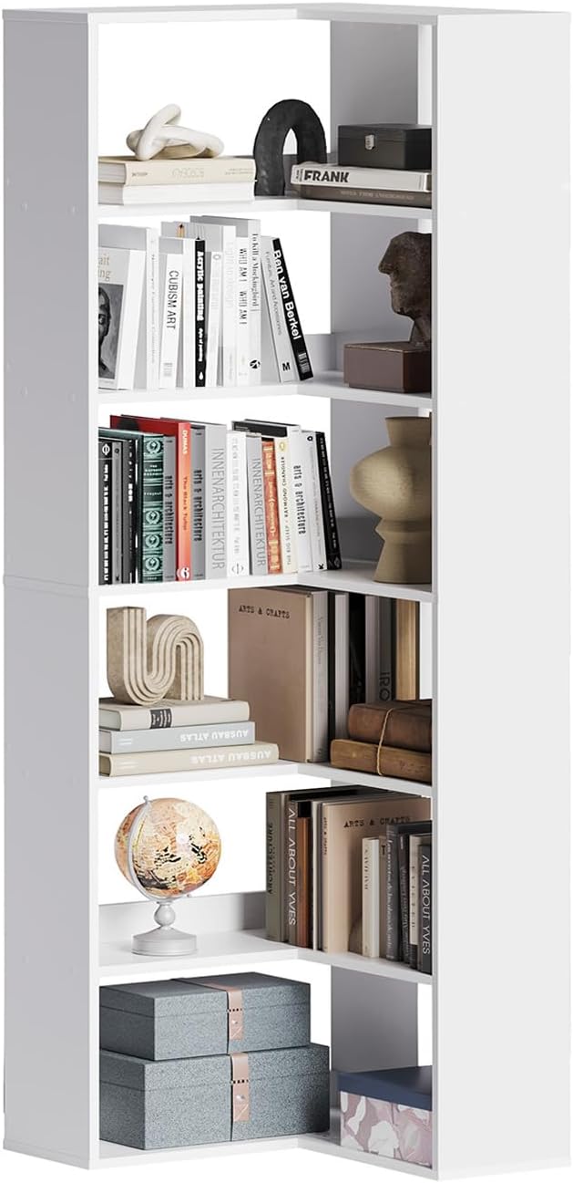 oneinmil Bookcase 6 Tiers with Baffles, Large Corner Bookshelf, 23.62' Storage Display Rack for Living Room Home Office, White