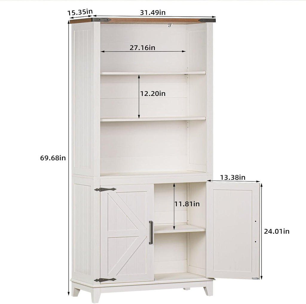 Joaxswe 5 Tier Bookshelf 70in Tall Bookcase with Barn Doors and Storage Cabinet, White Farmhouse Book Shelf with Adjustable Shelves, Wood Freestanding Display Bookshelves for Bedroom, Living Room