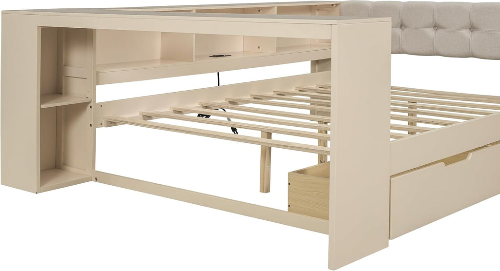 VilroCaz Modern Full Size Daybed with L-Shaped Bookcases and Desk, Solid Wood Daybed Sofa Bed Frame with 2 Drawers and Upholstered Headboard for Office Living Room Bedroom, Maximize Space (Full)