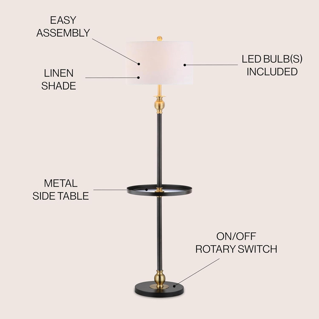 JONATHAN Y 61' Black/Brass Gold Metal LED End Table Floor Lamp, Modern Contemporary Iron Standing Lamp with White Linen Drum Shade for Living Room, LED Bulb Included JYL3002A