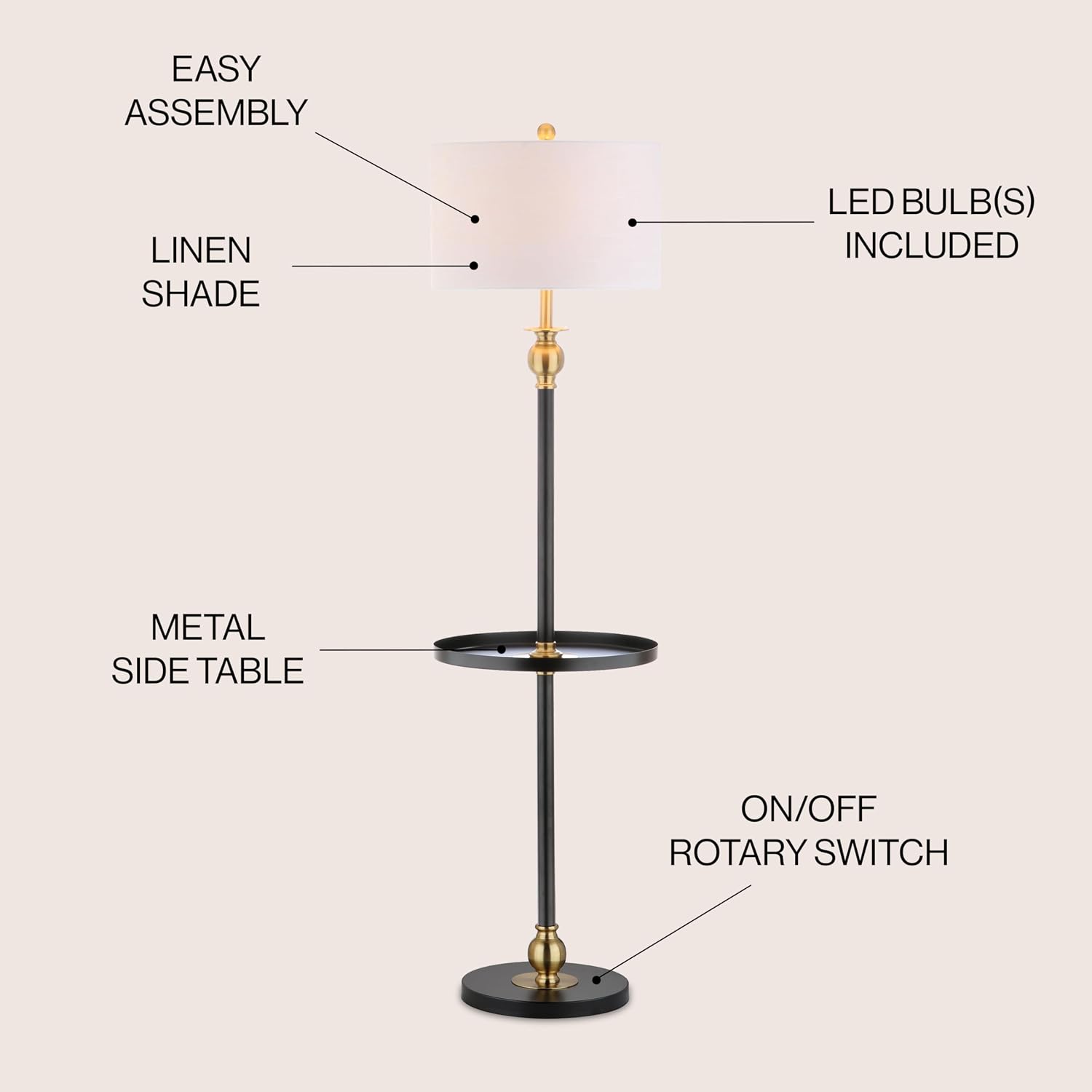 JONATHAN Y 61' Black/Brass Gold Metal LED End Table Floor Lamp, Modern Contemporary Iron Standing Lamp with White Linen Drum Shade for Living Room, LED Bulb Included JYL3002A