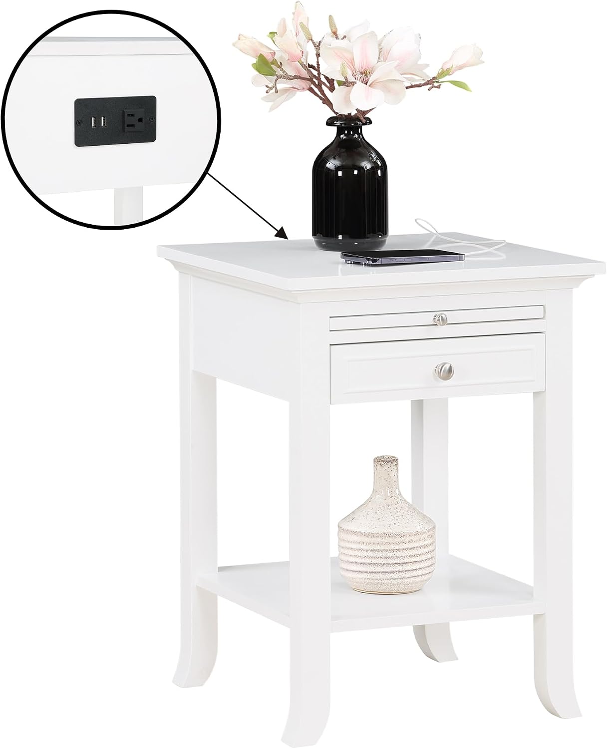 Convenience Concepts American Heritage Logan End Table with USB Ports & AC Outlet 18' - Square Living Room Side Table with Storage Drawer & Pull-Out Shelf, Bedroom Nightstand with Charging, White