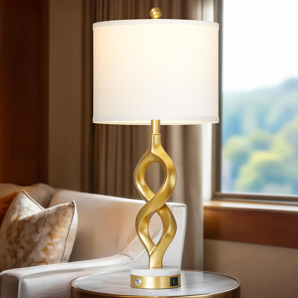 Cinyirong 30' White and Gold Table Lamps Set of 2 for Living Room, Modern Touch Control Bedside Lamps for Bedroom, 3-Way Dimmable Sculptural Resin Nightstand Lamps with USB A+C Ports and 2 LED Bulbs
