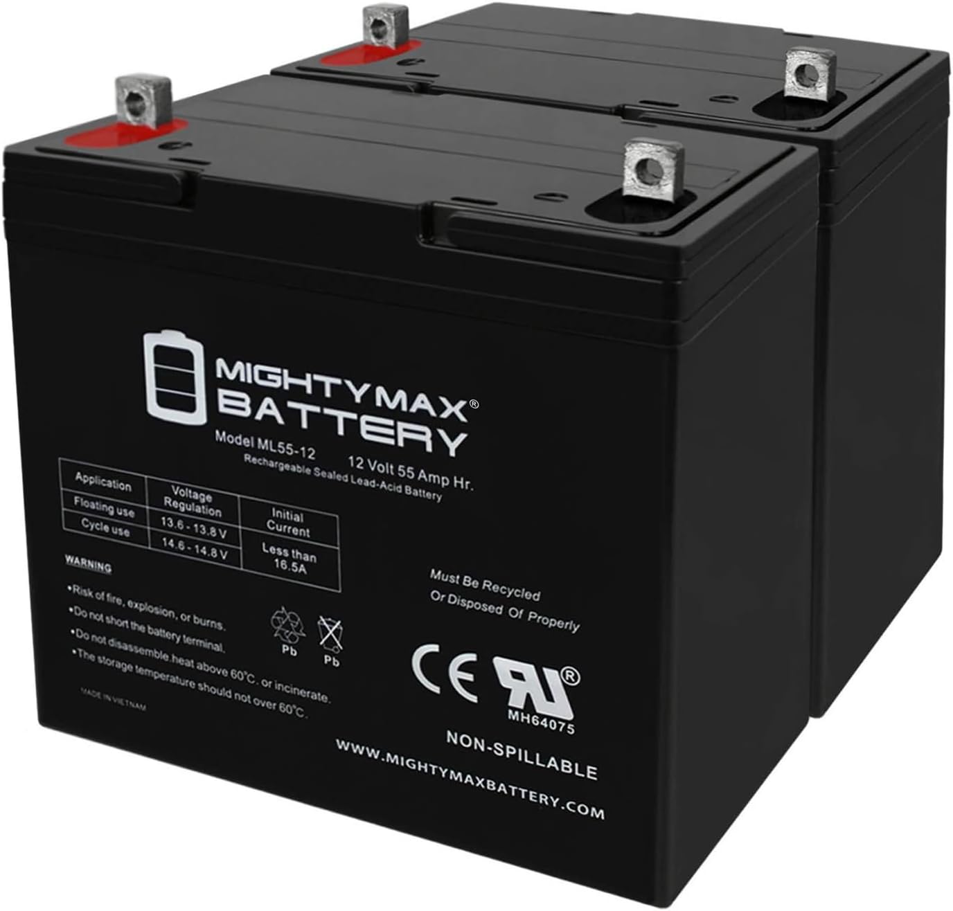 Mighty Max Battery 12V 55AH 45825 Battery Scooter Wheelchair Mobility Deep Cycle - 2 Pack