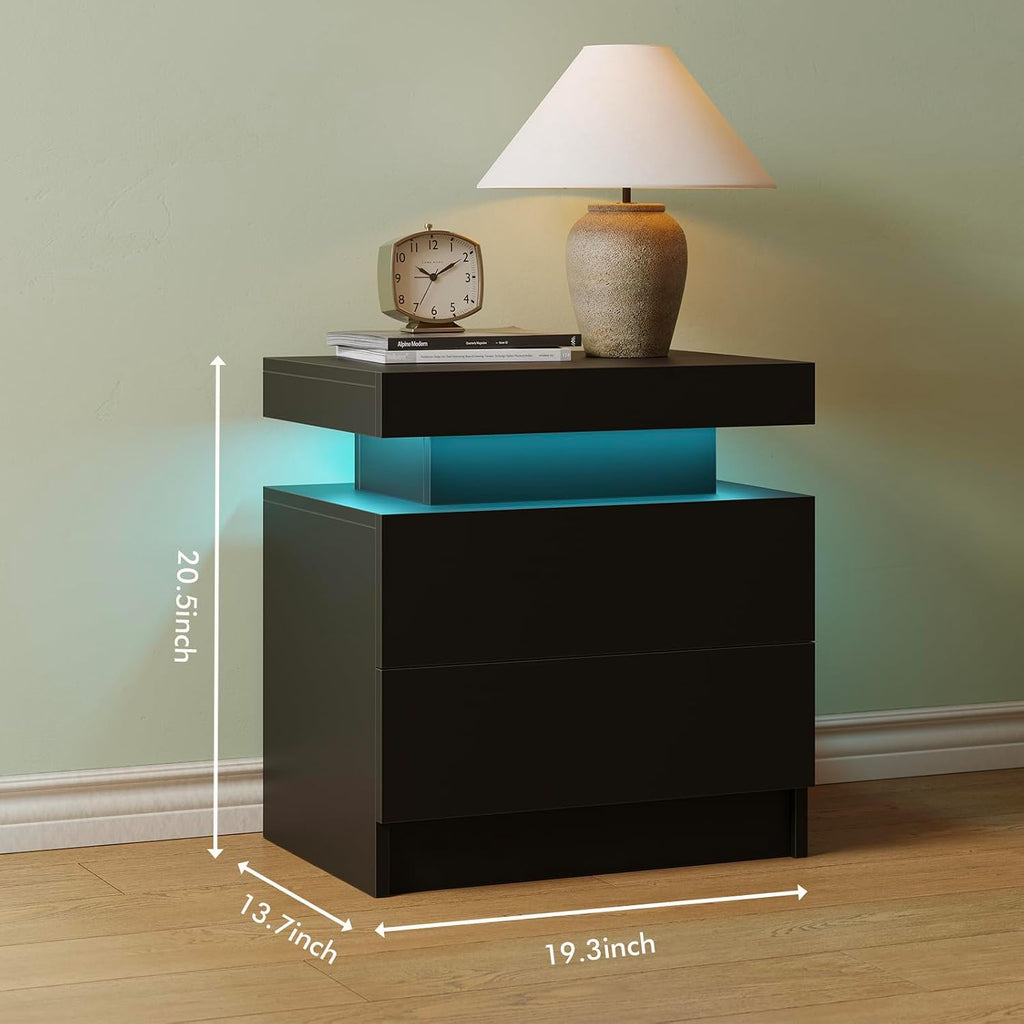 Cubehom Nightstands Set of 2, Bedside Tables with LED Lights, Night Stands with 2 Wood Drawers, End Tables Set of 2 for Living Room/Bedroom