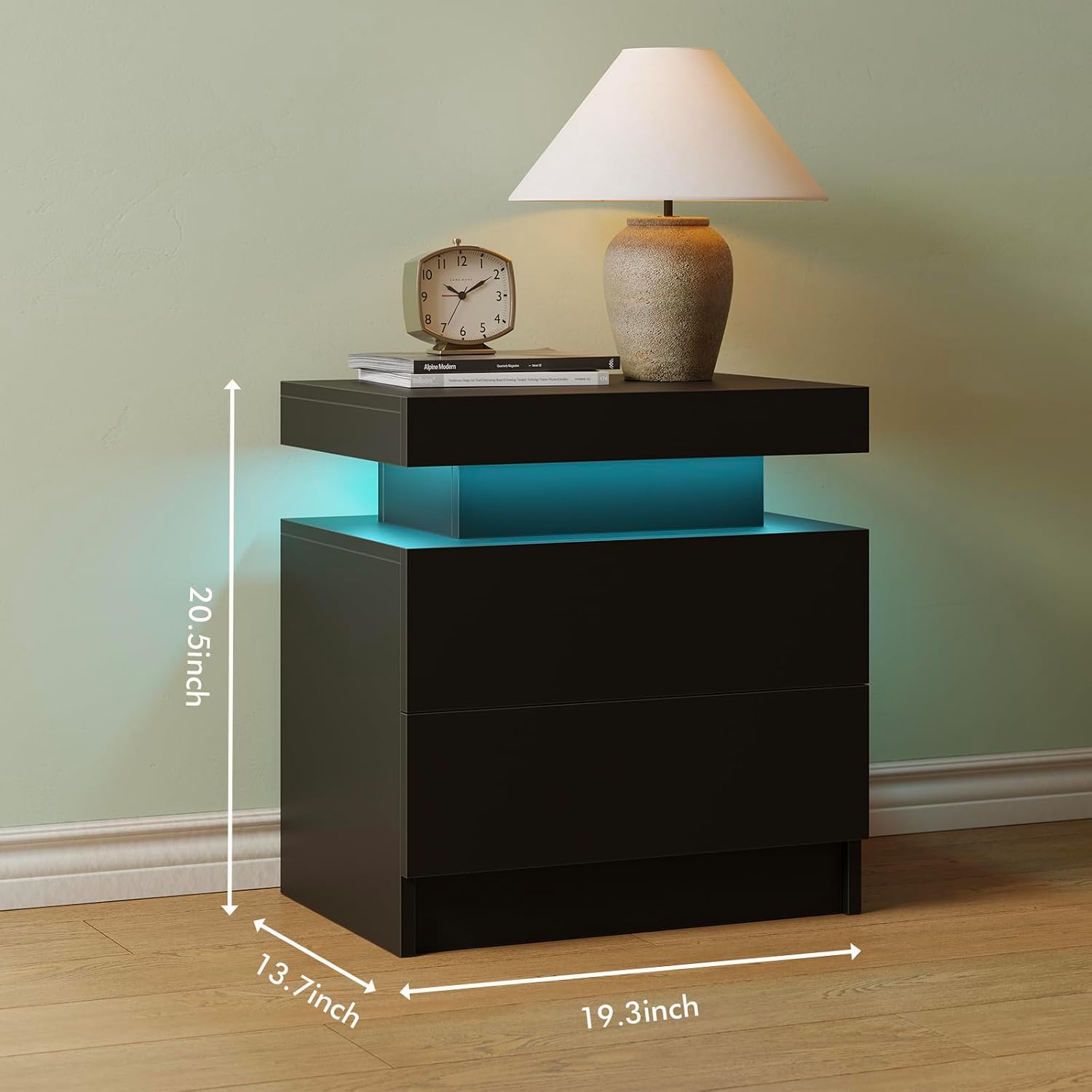 Cubehom Nightstands Set of 2, Bedside Tables with LED Lights, Night Stands with 2 Wood Drawers, End Tables Set of 2 for Living Room/Bedroom