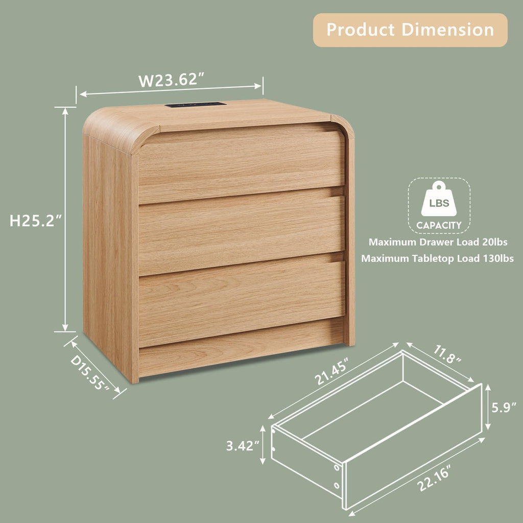 Aitjunz 25' Tall Modern Nightstand with Charging Station, 23.6'' Wide Wood Bedside Table w/3 Storage Drawers, Small Dresser w/Curved Profile Design, End Table for Bedroom, Natural Oak
